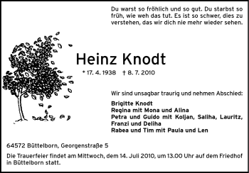 Traueranzeige von Heinrich Knodt von Rüsselsheimer Echo, Groß-Gerauer-Echo, Ried Echo