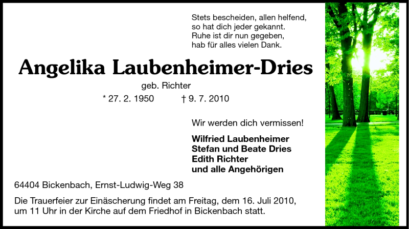  Traueranzeige für Angelika Laubenheimer-Dries vom 13.07.2010 aus Echo-Zeitungen (Gesamtausgabe)
