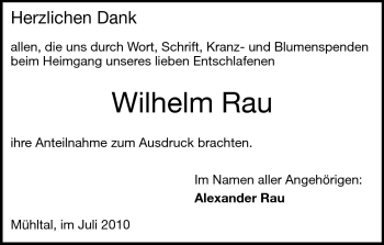 Traueranzeige von Rau Wilhelm von Echo-Zeitungen (Gesamtausgabe)
