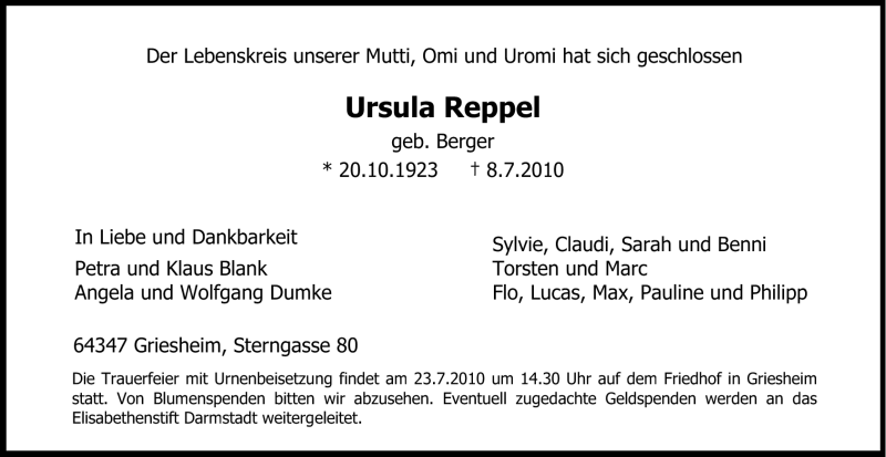  Traueranzeige für Ursula Reppel vom 17.07.2010 aus Rüsselsheimer Echo, Groß-Gerauer-Echo, Ried Echo