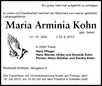 Traueranzeige von Maria Arminia Kohn von Rüsselsheimer Echo, Groß-Gerauer-Echo, Ried Echo