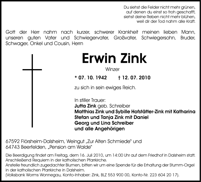  Traueranzeige für Erwin Zink vom 14.07.2010 aus Odenwälder Echo