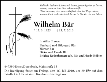 Traueranzeige von Wilhelm Bär von Odenwälder Echo