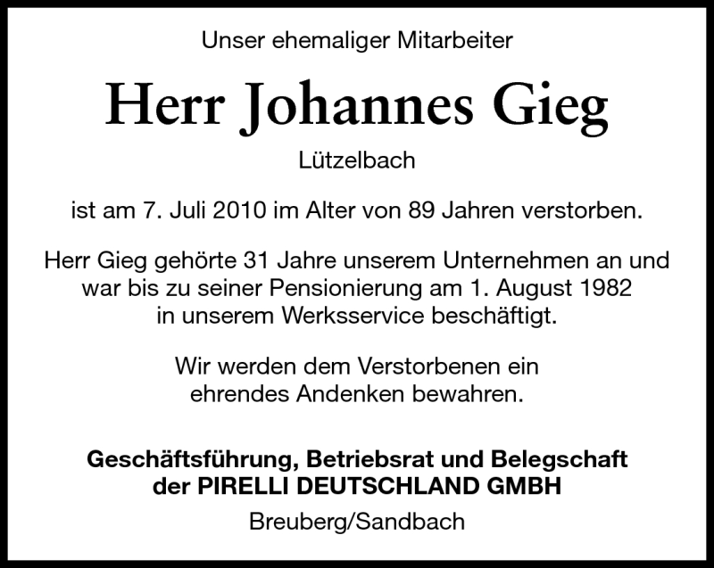  Traueranzeige für Johannes Gieg vom 15.07.2010 aus Odenwälder Echo