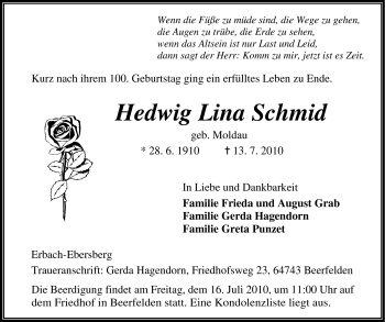 Traueranzeige von Hedwig Lina Schmid von Odenwälder Echo