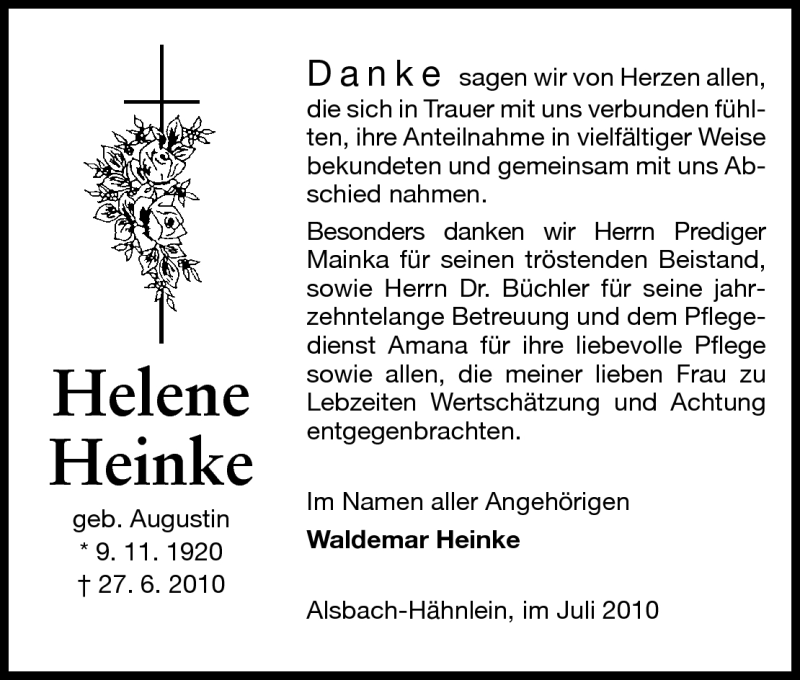  Traueranzeige für Helene Heinke vom 17.07.2010 aus Echo-Zeitungen (Gesamtausgabe)