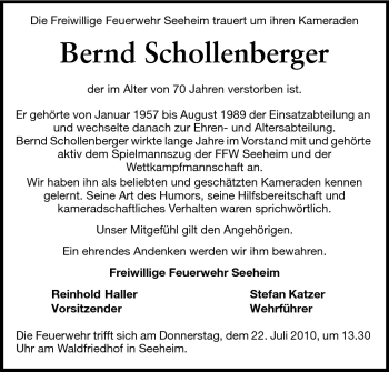 Traueranzeige von Bernd Schollenberger von Echo-Zeitungen (Gesamtausgabe)