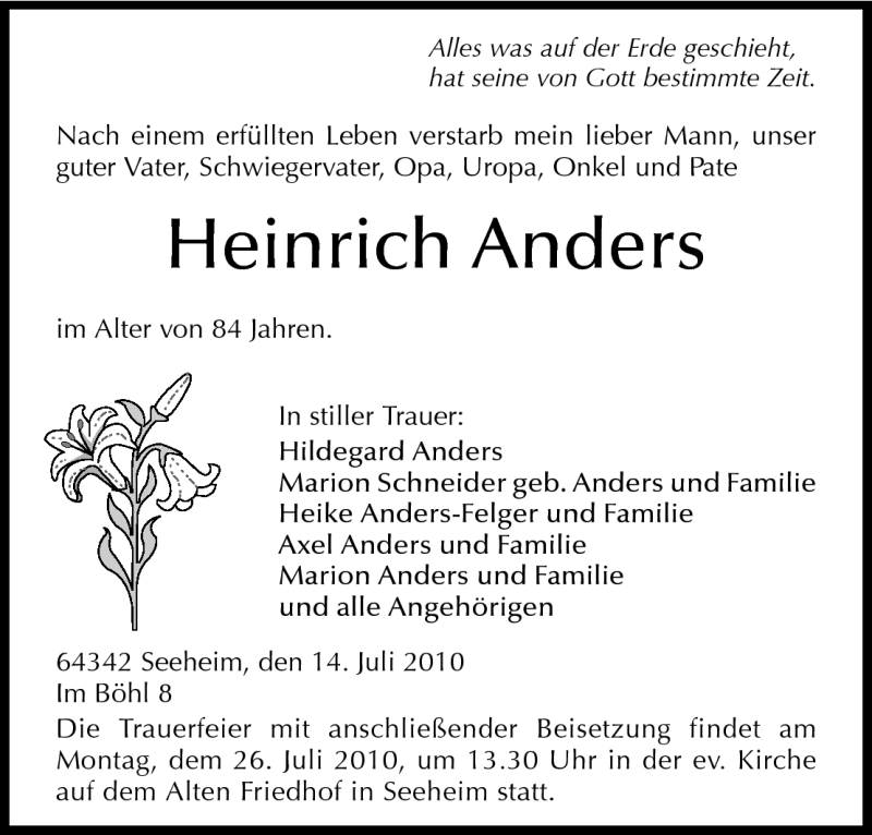  Traueranzeige für Heinrich Anders vom 16.07.2010 aus Echo-Zeitungen (Gesamtausgabe)