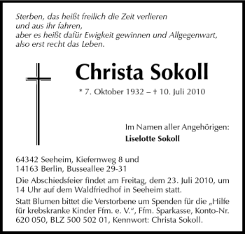 Traueranzeige von Christa Sokoll von Echo-Zeitungen (Gesamtausgabe)