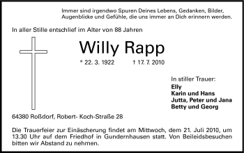 Traueranzeige von Willy Rapp von Echo-Zeitungen (Gesamtausgabe)