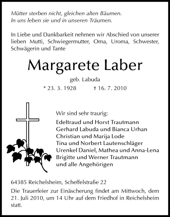 Traueranzeige von Margarete Laber von Odenwälder Echo