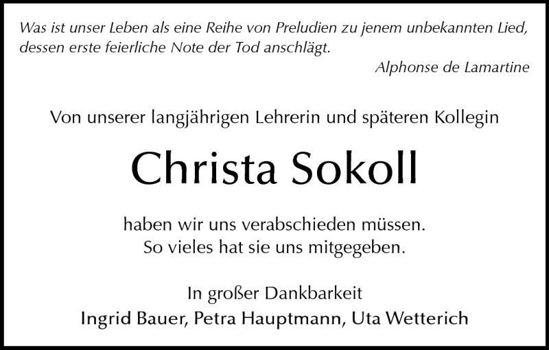  Traueranzeige für Christa Sokoll vom 21.07.2010 aus Darmstädter Echo, Odenwälder Echo, Rüsselsheimer Echo, Groß-Gerauer-Echo, Ried Echo