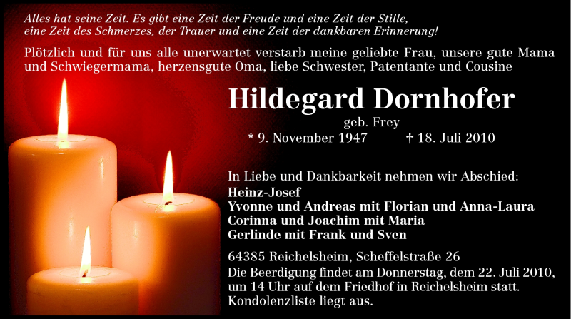  Traueranzeige für Hildegard Dornhofer vom 21.07.2010 aus Odenwälder Echo