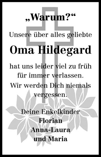 Traueranzeige von Hildegard Dornhofer von Odenwälder Echo