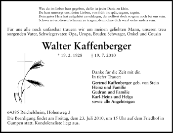 Traueranzeige von Walter Kaffenberger von Odenwälder Echo
