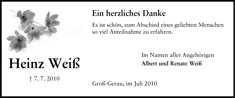  Traueranzeige für Heinz Weiß vom 24.07.2010 aus Rüsselsheimer Echo, Groß-Gerauer-Echo, Ried Echo