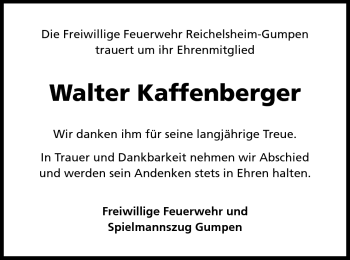 Traueranzeige von Walter Kaffenberger von Odenwälder Echo