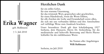 Traueranzeige von Erika Wagner von Echo-Zeitungen (Gesamtausgabe)
