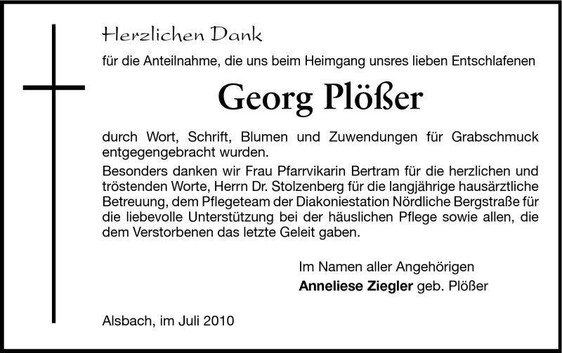  Traueranzeige für Georg Plößer vom 24.07.2010 aus Echo-Zeitungen (Gesamtausgabe)