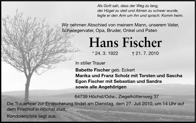  Traueranzeige für Hans Fischer vom 24.07.2010 aus Odenwälder Echo