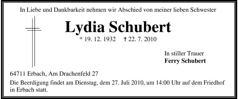  Traueranzeige für Lydia Schubert vom 24.07.2010 aus Odenwälder Echo