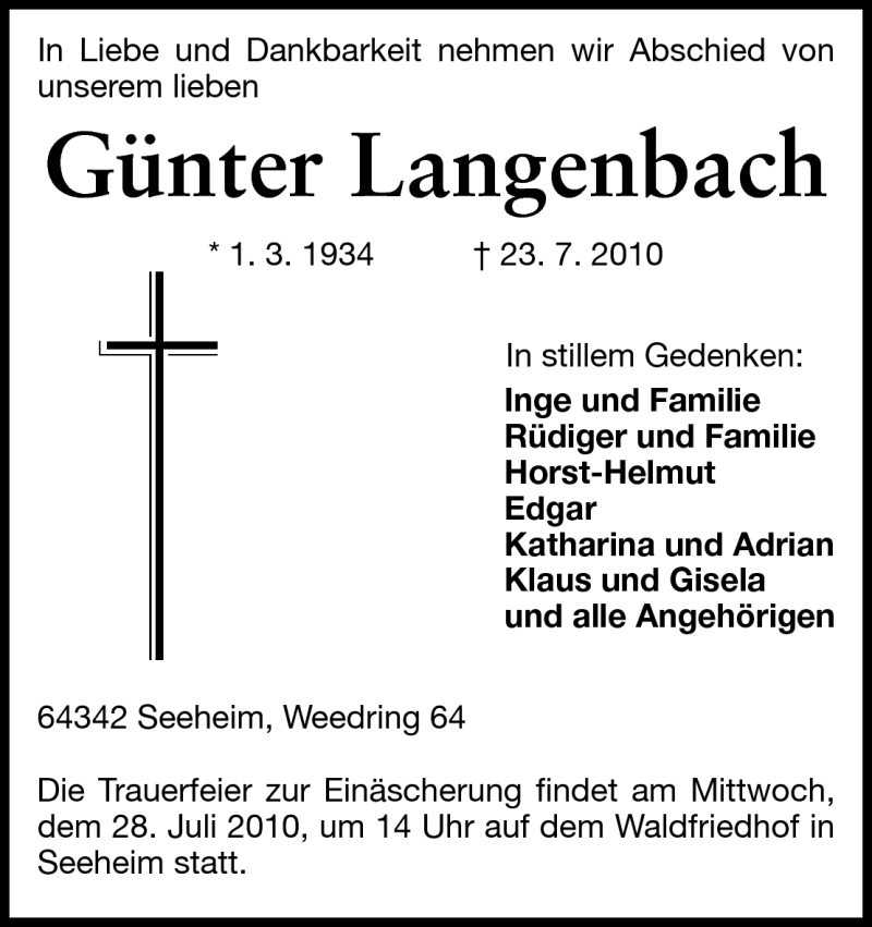  Traueranzeige für Günter Langenbach vom 26.07.2010 aus Darmstädter Echo, Odenwälder Echo, Rüsselsheimer Echo, Groß-Gerauer-Echo, Ried Echo