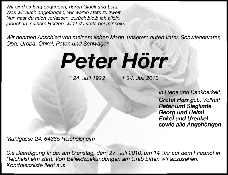  Traueranzeige für Peter Hörr vom 26.07.2010 aus Odenwälder Echo
