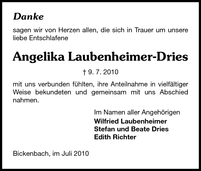  Traueranzeige für Angelika Laubenheimer-Dries vom 31.07.2010 aus Echo-Zeitungen (Gesamtausgabe)