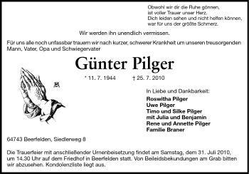 Traueranzeige von Günter Pilger von Odenwälder Echo
