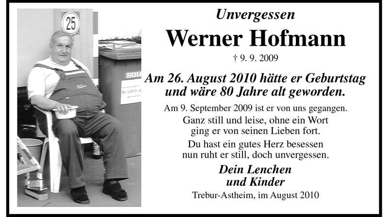  Traueranzeige für Werner Hoffmann vom 23.08.2010 aus Echo-Zeitungen (Gesamtausgabe)