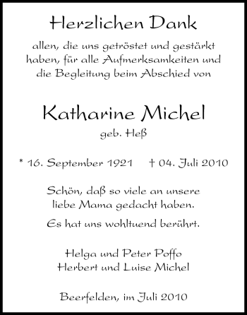 Traueranzeige von Katharine Michel von Odenwälder Echo