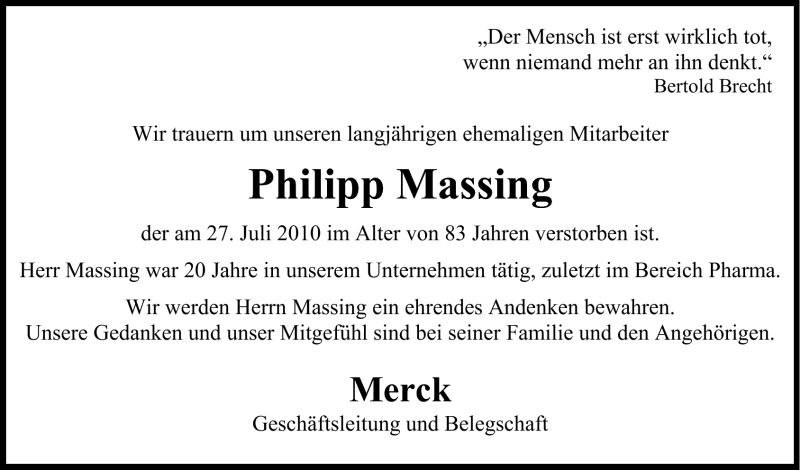  Traueranzeige für Philipp Massing vom 02.08.2010 aus Echo-Zeitungen (Gesamtausgabe)