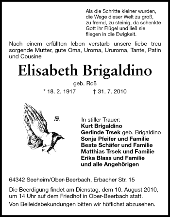 Traueranzeige von Elisabeth Brigaldino von Echo-Zeitungen (Gesamtausgabe)