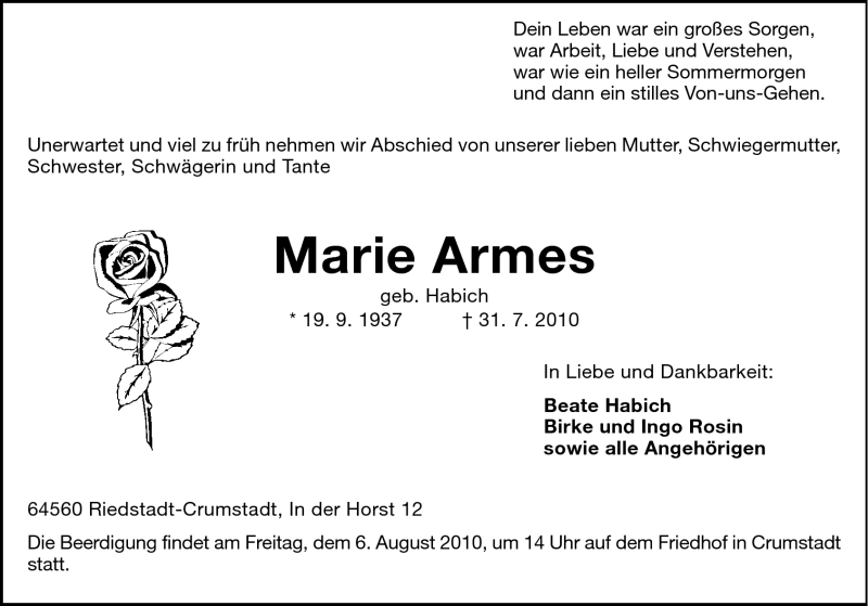  Traueranzeige für Marie Armes vom 04.08.2010 aus Echo-Zeitungen (Gesamtausgabe)