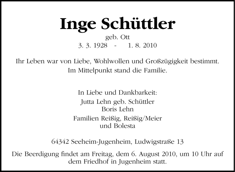  Traueranzeige für Inge Schüttler vom 04.08.2010 aus Echo-Zeitungen (Gesamtausgabe)
