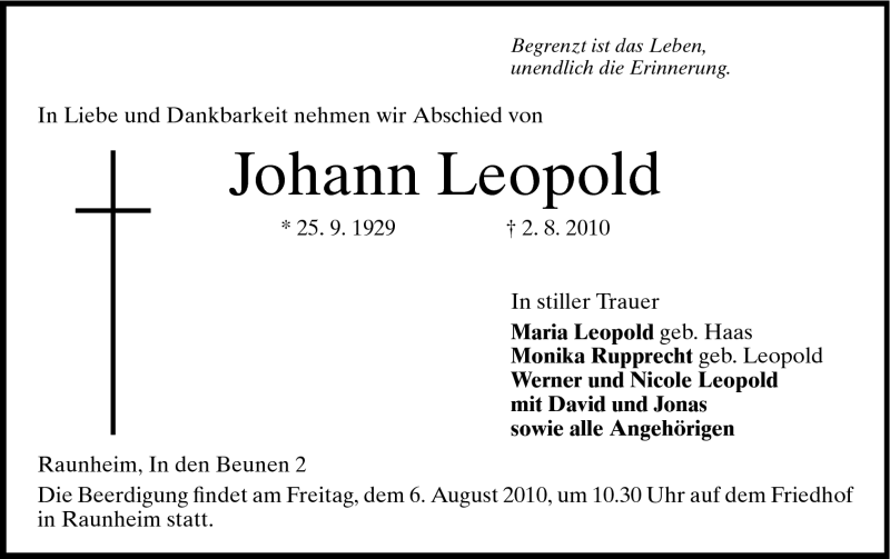  Traueranzeige für Johann Leopold vom 05.08.2010 aus Rüsselsheimer Echo, Groß-Gerauer-Echo, Ried Echo