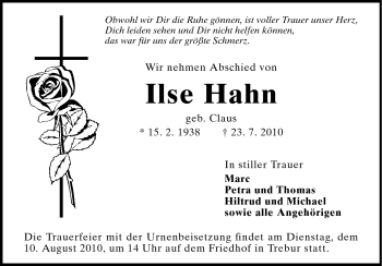Traueranzeige von Ilse Hahn von Rüsselsheimer Echo, Groß-Gerauer-Echo, Ried Echo