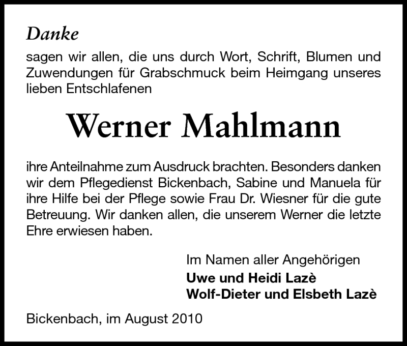  Traueranzeige für Werner Mahlmann vom 07.08.2010 aus Echo-Zeitungen (Gesamtausgabe)