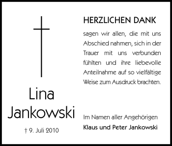 Traueranzeige von Lina Jankowski von Echo-Zeitungen (Gesamtausgabe)