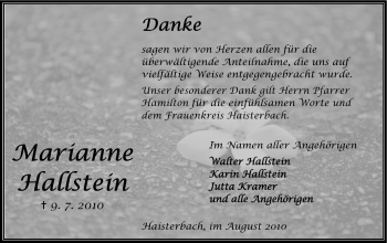 Traueranzeige von Marianne Hallstein von Odenwälder Echo
