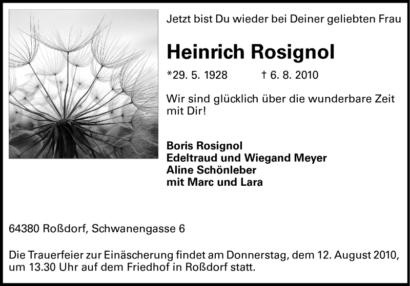  Traueranzeige für Heinrich Rosignol vom 09.08.2010 aus Echo-Zeitungen (Gesamtausgabe)