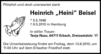 Traueranzeige von Heinrich Beisel von Odenwälder Echo