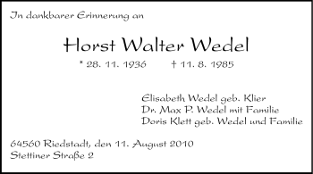 Traueranzeige von Horst Walter Wedel von Echo-Zeitungen (Gesamtausgabe)