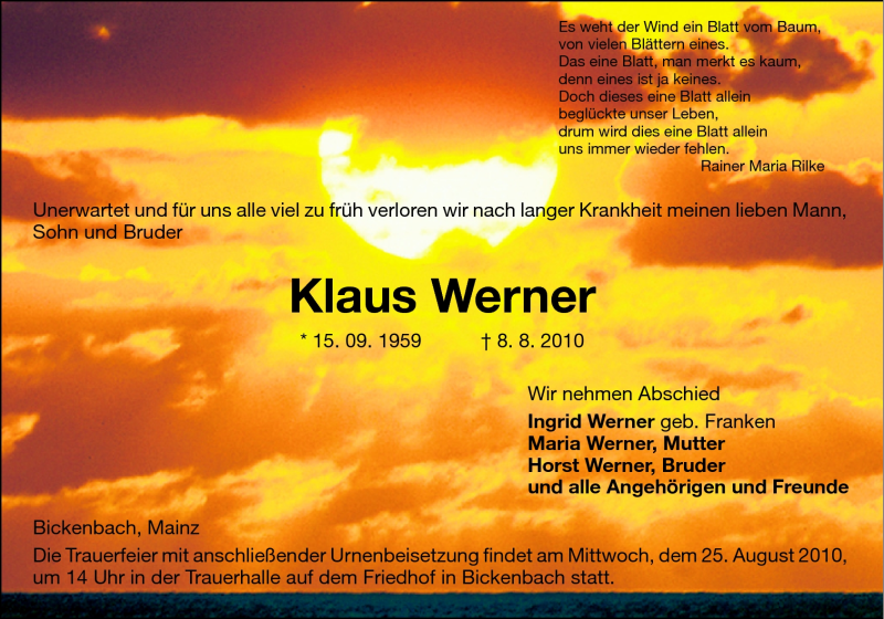  Traueranzeige für Klaus Werner vom 14.08.2010 aus Echo-Zeitungen (Gesamtausgabe)