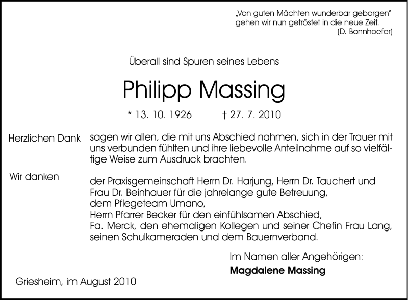  Traueranzeige für Philipp Massing vom 14.08.2010 aus Echo-Zeitungen (Gesamtausgabe)