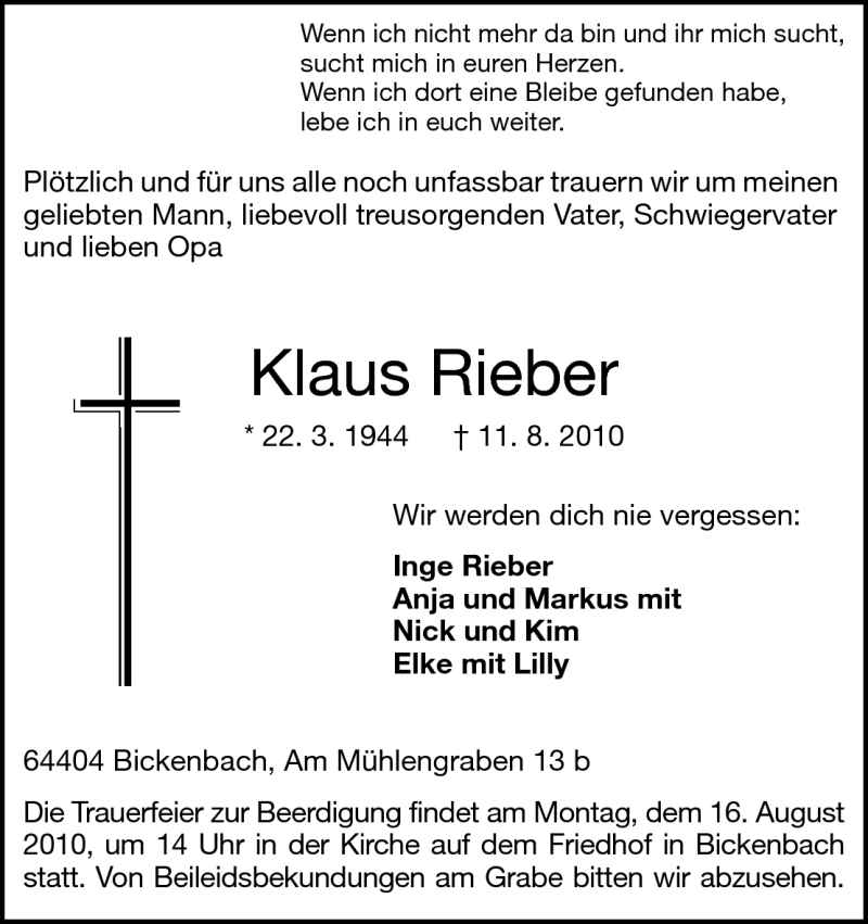  Traueranzeige für Klaus Rieber vom 14.08.2010 aus Echo-Zeitungen (Gesamtausgabe)