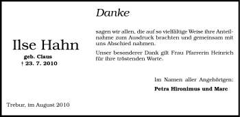 Traueranzeige von Ilse Hahn von Rüsselsheimer Echo, Groß-Gerauer-Echo, Ried Echo