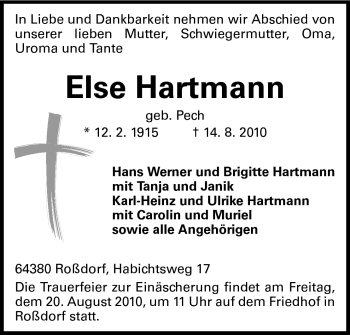 Traueranzeige von Else Hartmann von Echo-Zeitungen (Gesamtausgabe)