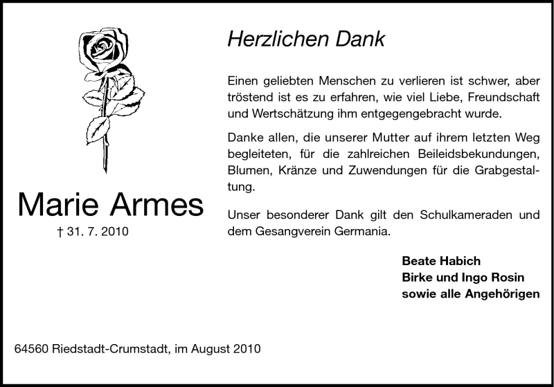  Traueranzeige für Marie Armes vom 18.08.2010 aus Echo-Zeitungen (Gesamtausgabe)