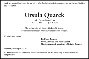 Traueranzeige von Ursula Quarck von Darmstädter Echo, Odenwälder Echo, Rüsselsheimer Echo, Groß-Gerauer-Echo, Ried Echo